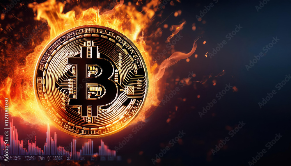 Poster bitcoin coin surrounded by digital flames with financial graphs. image conveys sense of volatility a