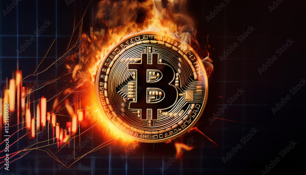 Poster bitcoin coin surrounded by digital flames with financial graphs. image conveys volatility and intens