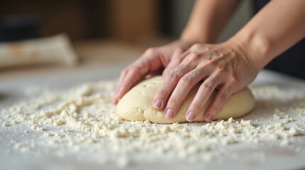 A close-up of hands kneading dough on a floured surface, showcasing the texture and elasticity of the dough