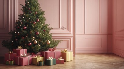 A cozy room filled with the festive spirit of Christmas, where beautiful gift boxes are neatly arranged on the floor next to a stunning fir tree.
