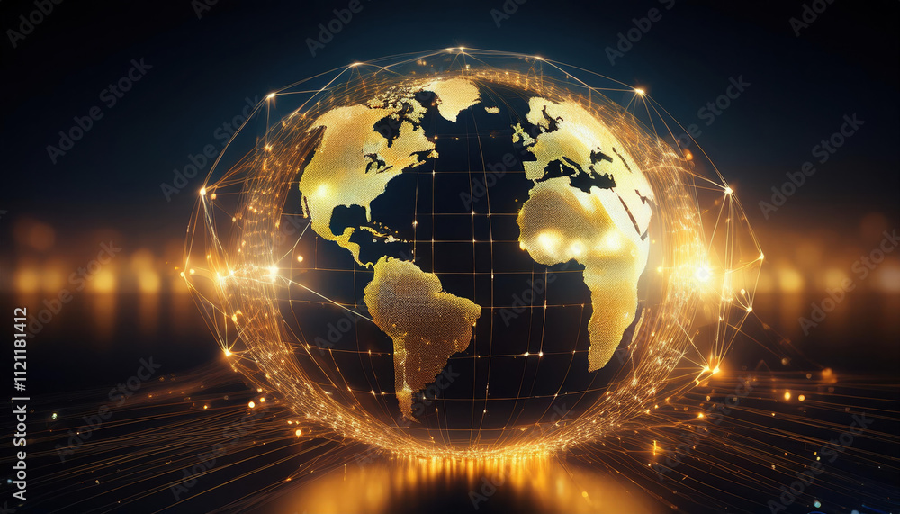 Poster conceptual globe surrounded by interconnected golden lines and nodes symbolizing global connectivity