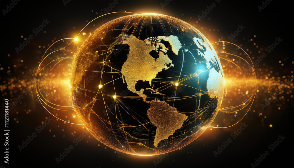Aufkleber conceptual globe illuminated with golden lines and nodes, symbolizing global connectivity and techno