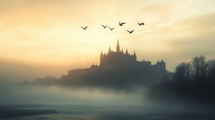 flock of birds soaring above a castle as dusk settles, with the soft light capturing the romance of the moment