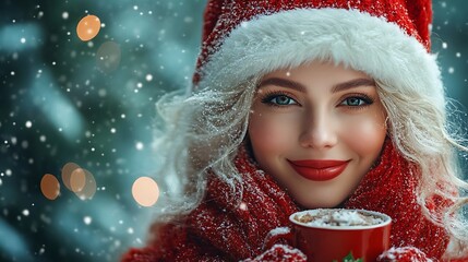 Festive Mrs Claus holding a cup of cocoa and spreading holiday cheer in a glowing green background