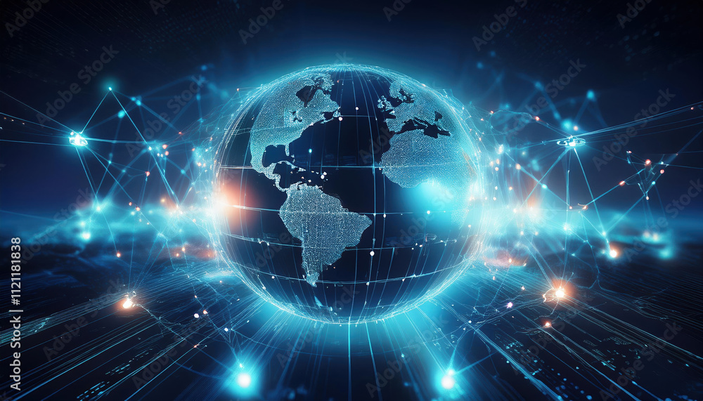 Poster digital globe illuminated by glowing nodes, representing interconnected ideas and data. this futuris