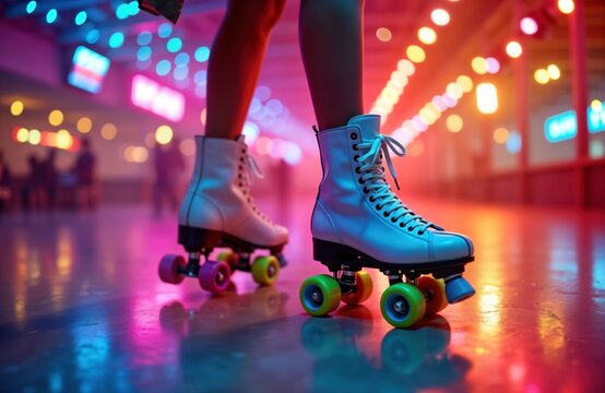 Person roller skating in retro 1980s roller rink. Colorful disco lights create vibrant ambiance. Funky fashion style evident in scene. Nighttime atmosphere in urban interior. People enjoy fun