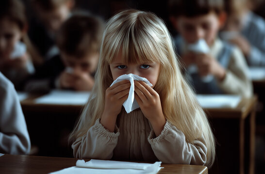 A young blonde girl sneezing into a tissue in a classroom while other children are blurred in the background. The image highlights health, hygiene, and illness in a school setting