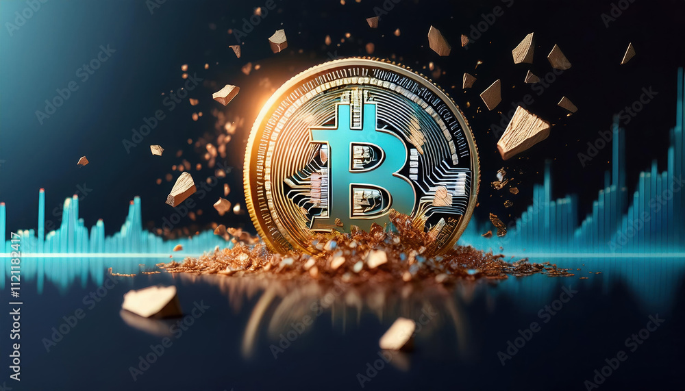 Poster bitcoin icon collapsing into pieces with financial graphs in background, symbolizing market volatili