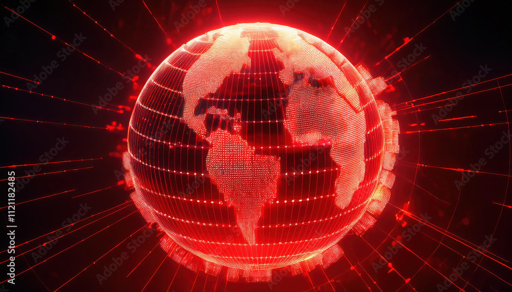 Poster glowing red holographic globe with digital nodes representing global network, symbolizing connectivi