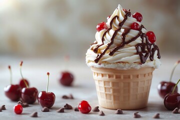 white cream cakes, drizzled with melted chocolate, decorated with cherries