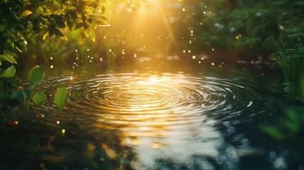 water rippling from a pond, sunlight illuminating each ripple, creating a soft, golden glow across the calm surface