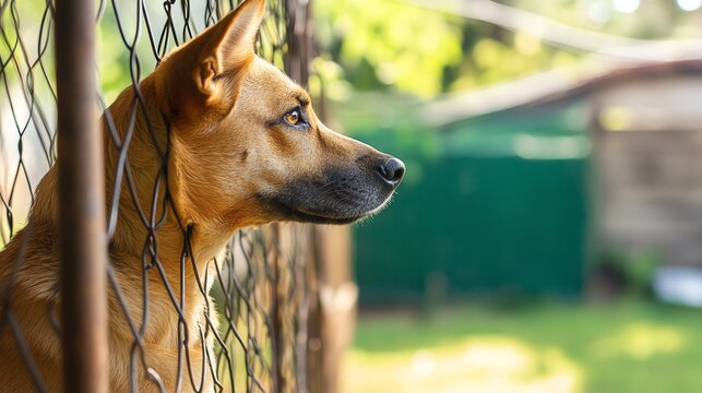 A brown and black dog with sad eyes looking through a chain link fence.