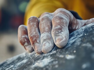 Closeup Chalky Climbers Hands Gripping Rock Surface Texture