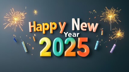 Festive Celebration of New Beginnings with Colorful 2025 Typography Surrounded by Glittering Fireworks and Festive Party Items for New Year's Eve