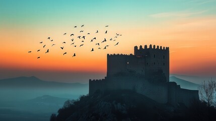 Fototapeta premium flock of birds moving harmoniously around a castle, the peaceful dusk sky providing a calming atmosphere