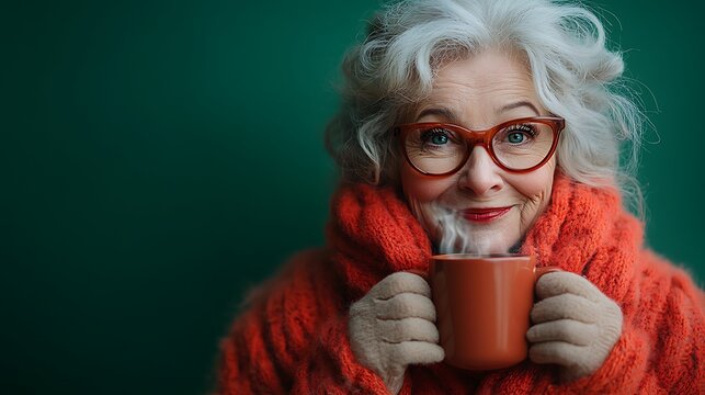 Mrs Claus in a cheerful festive mood holding a steaming mug of cocoa against a bright vivid green background