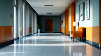 Fototapeta premium A modern hallway with wooden accents, large windows, and a stylish orange chair, offering a bright and inviting atmosphere.