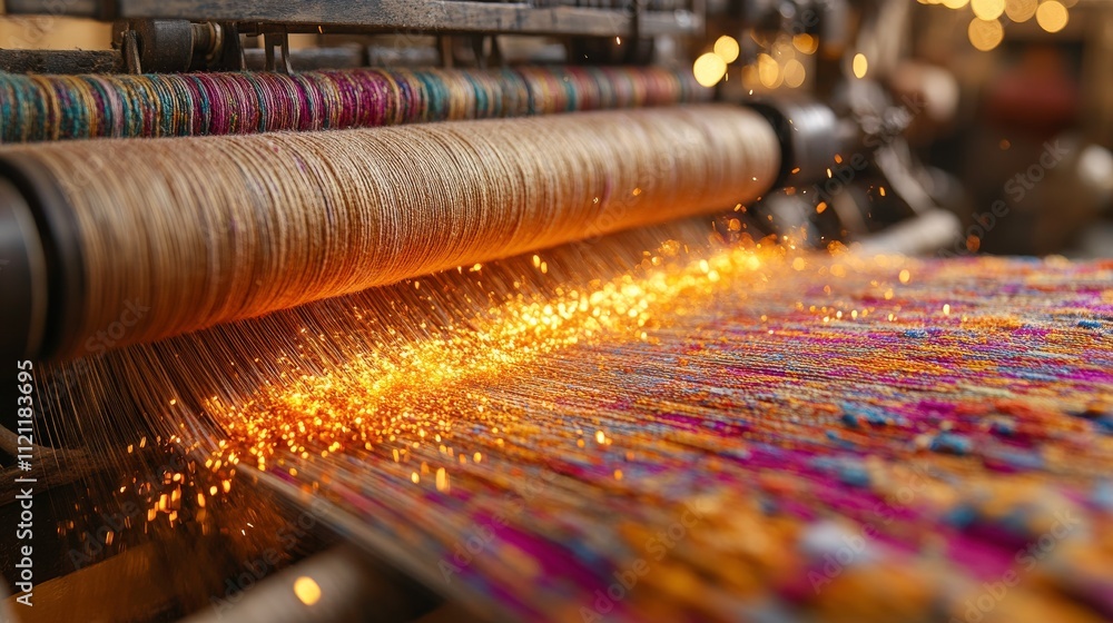 Aufkleber vibrant threads and sparkling embers: close-up of traditional loom with colorful fibers and glowing 