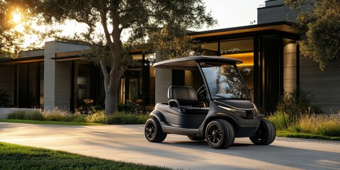 Luxury Black Golf Cart Parked at Modern Home in the Sunset