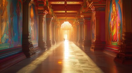 Fototapeta premium temple corridor with vibrant artwork lining the walls, each detail illuminated by soft, natural light that fills the sacred hall