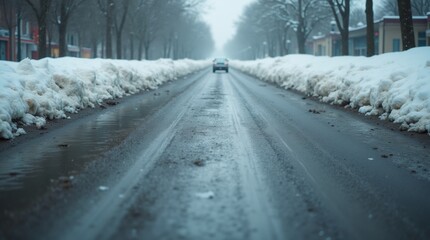 Slushy road with patches of dirty snow and water, tire tracks visible, creating a gritty and realistic urban scene after the snow has started to melt