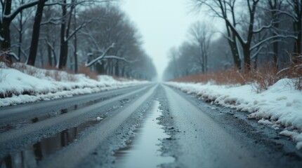Obraz premium Slushy road with patches of dirty snow and water, tire tracks visible, creating a gritty and realistic urban scene after the snow has started to melt
