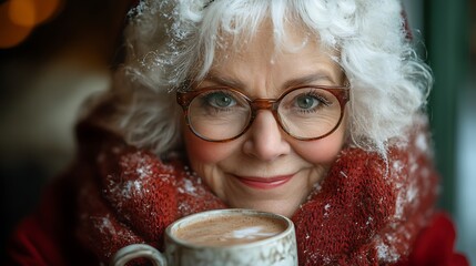 Lovely Mrs Claus enjoying a moment with a mug of hot cocoa in a festive holiday setting isolated on green