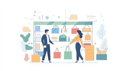 An illustration of a man and a woman shopping for bags.