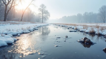 Melting snow in an early spring landscape, with wet ground and patches of grass appearing under soft sunlight, evoking a calm and serene mood.