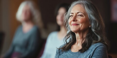 Fototapeta premium A group of seniors practicing chair yoga in a studio with an instructor guiding them.