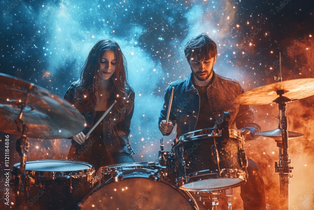 Poster dynamic drum performance by two musicians set against a cosmic backdrop