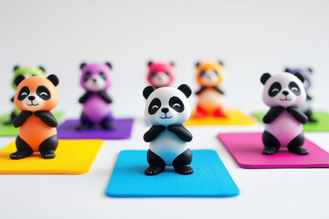 Colorful panda figurines practicing yoga poses on vibrant mats, creating a playful and cheerful ambiance.