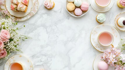 A beautifully arranged table featuring pastel cupcakes, floral decorations, and delicate tea cups, perfect for a tea party or celebration.