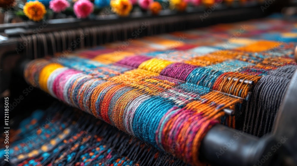 Aufkleber vibrant textile patterns and colorful threads on a traditional loom, capturing the art of weaving wi