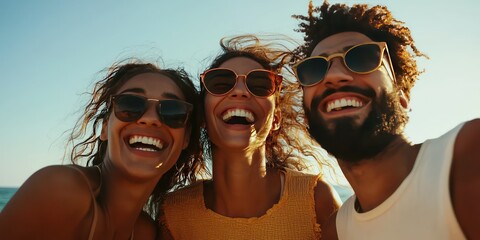 A group of three friends having a fun day at the beach, all smiling and enjoying the sun while playing beach volleyball.