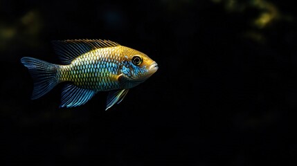 A beautiful fish with radiant, shimmering scales is captured swimming against the black void.
