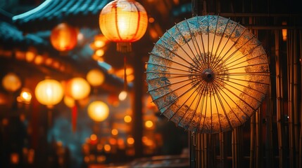 Chinese umbrella hanging on a bamboo rack, with the intricate designs on its surface illuminated by the soft glow of lanterns in the evening