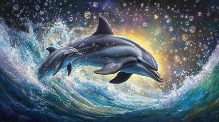 Obraz premium A dynamic 4K capture of a mother dolphin propelling her calf forward through a curtain of shimmering bubbles in the open ocean