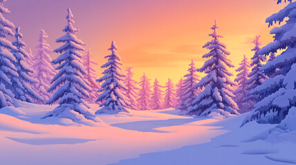 Sunset illuminating a serene winter forest covered in fresh snow