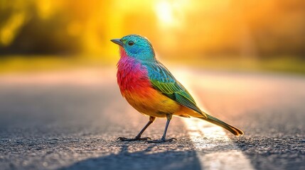 Obraz premium A vibrant bird with shimmering feathers stands confidently in the middle of a quiet road, its striking colors contrasting against the gray asphalt under the warm sunlight