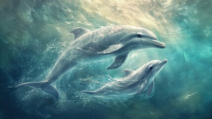 Fototapeta premium A dynamic 4K image of a dolphin mother teaching her calf to dive, their sleek bodies cutting through the ocean depths with effortless grace