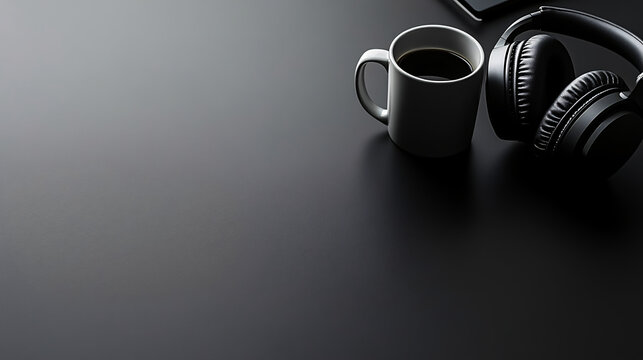 A sleek desk with a pair of headphones, a coffee mug set on a minimalistic black and gray background.