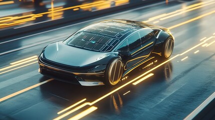Fototapeta premium Solar-Powered Car Drives Smoothly on Futuristic Highway, Embracing Sustainable Transportation Technology for a Cleaner Future.