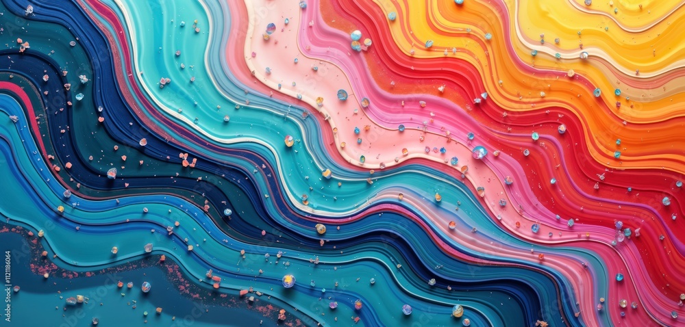 Poster Abstract vibrant colorful design featuring wavy lines of different shades, colors. Fluid shapes, colors create mesmerizing visual effect with shiny small elements, crystals. Pattern of vivid