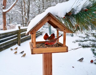 Naklejka premium Northern cardinals feeding at bird feeder during winter snowfall