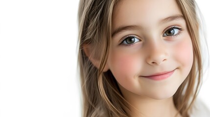 Obraz premium young girl, smiling gently isolated on the right side of a white background