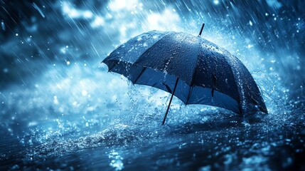 An umbrella is standing in the water with rain pouring down and dark clouds overhead.