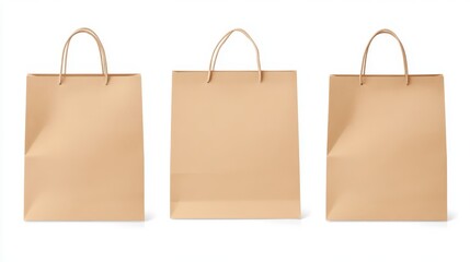 Three Plain Brown Paper Bags with Handles on a White Background