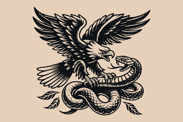 Bold black-and-white eagle gripping a snake, old-school tattoo style. isolated object, textile print