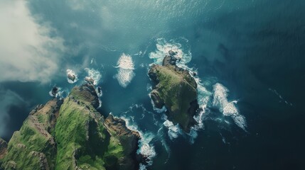 Obraz premium Majestic Coastal Cliffs and Ocean Waves: An Aerial View of a Breathtaking Island Landscape